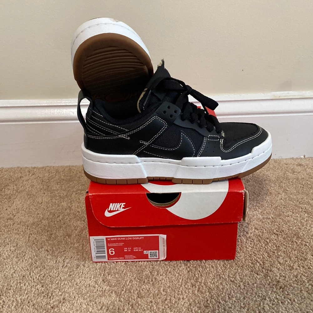 Black ,white and brown gummy bottom   Nike dunk low disrupt sneakers.